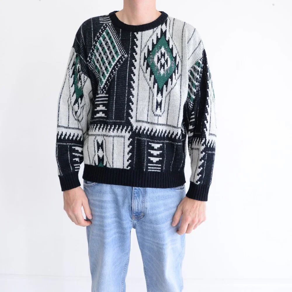 VTG Bobbi Sean Creations Navy White 3D Pattern Eclectic Grandpa Crewneck Sweater